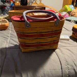 Longaberger Red and Natural Woven Tote with Gray Handles